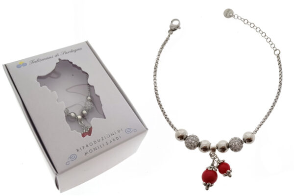 Bracciale maglia tubolare con sfere acciaio, palline strass e 2 ciondoli perle rosse