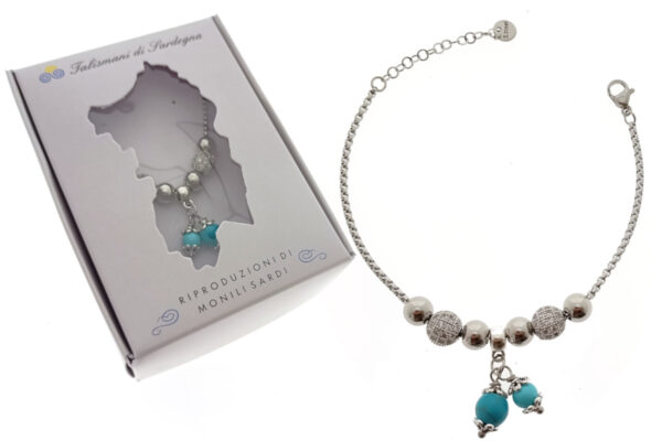 Bracciale maglia tubolare con sfere acciaio, palline strass e 2 ciondoli perle turchesi