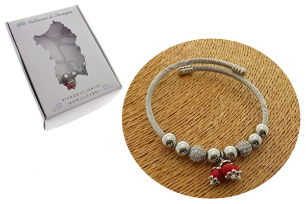 Bracciale autoavvolgente acciaio con 3 perle rosse pendenti e 2 sfere strass