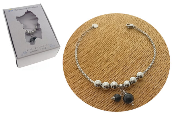 Bracciale acciaio con 6 sfere e 2 ciondoli onice