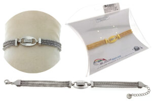 Bracciale acciaio 3 fili maglie tubolari con centrale ovale strass - colore oro e argento
