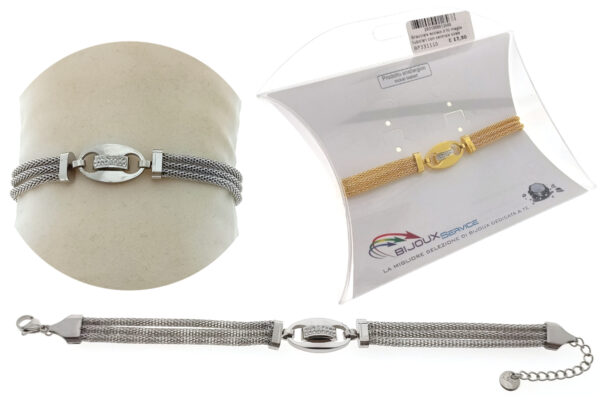 Bracciale acciaio 3 fili maglie tubolari con centrale ovale strass - colore oro e argento