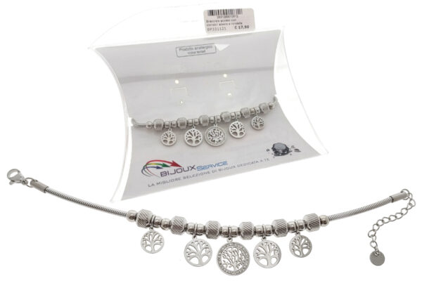 Bracciale acciaio con ciondoli albero e rondelle