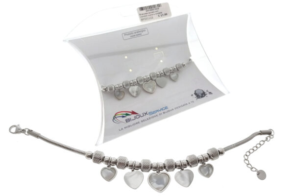 Bracciale acciaio con ciondoli cuore e madreperla con rondelle