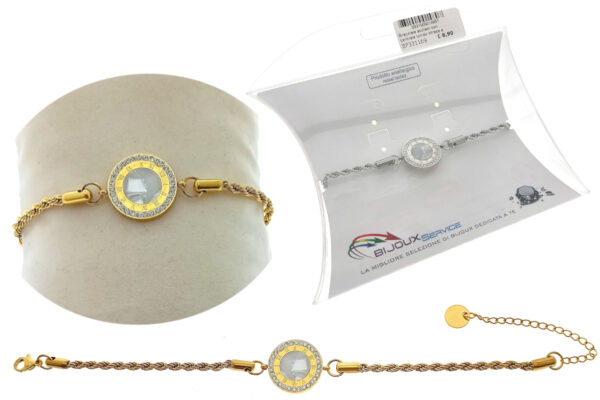 Bracciale acciaio con centrale tondo strass e madreperla - colori oro e argento
