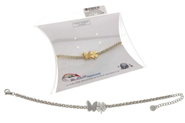 Bracciale tennis acciaio e cristalli mm. 4 con centrale farfalla e quadrifoglio