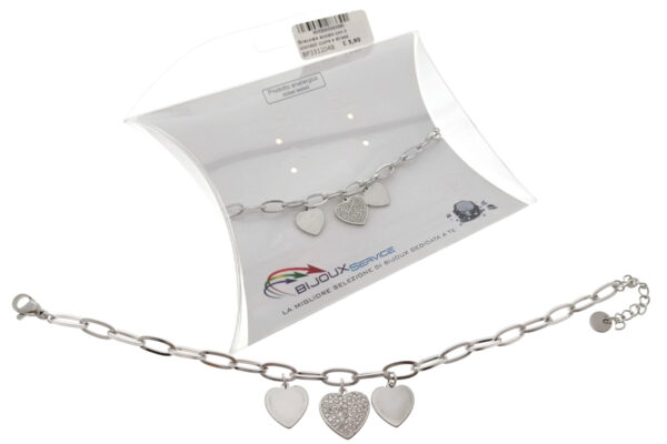 Bracciale acciaio con 3 ciondoli cuore e strass