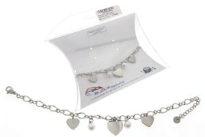 Bracciale acciaio con 3 ciondoli cuore e perline