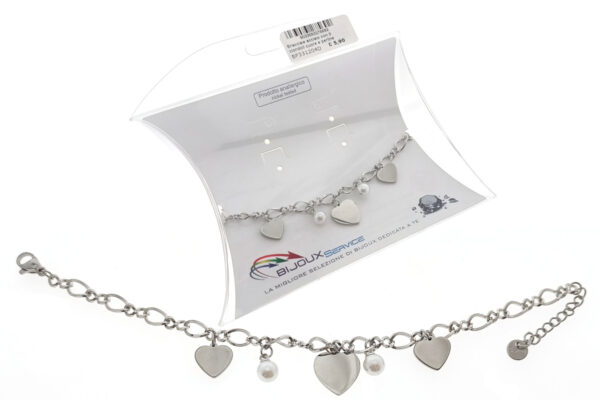 Bracciale acciaio con 3 ciondoli cuore e perline