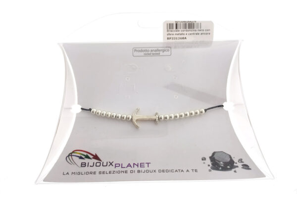 Bracciale cordoncino nero con sfere metallo e centrale ancora