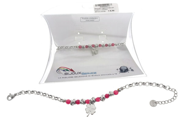 Bracciale maglia acciaio con 6 pietre e ciondolo quadrifoglio