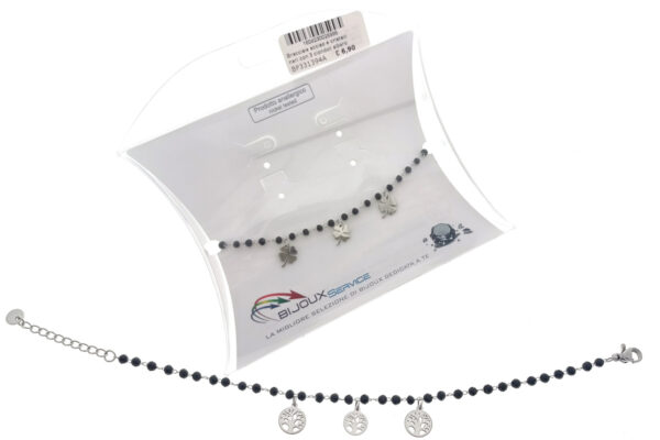 Bracciale acciao e cristalli neri con 3 ciondoli albero