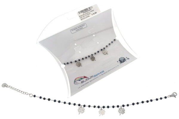 Bracciale acciao e cristalli neri con 3 ciondoli quadrifoglio