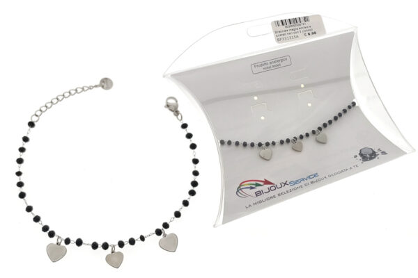 Bracciale acciao e cristalli neri con 3 ciondoli cuore