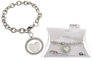 Bracciale maglia acciaio con ciondolo cuore e profilo strass