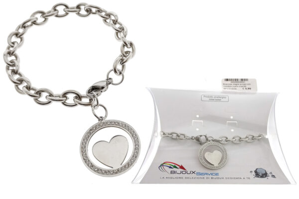 Bracciale maglia acciaio con ciondolo cuore e profilo strass
