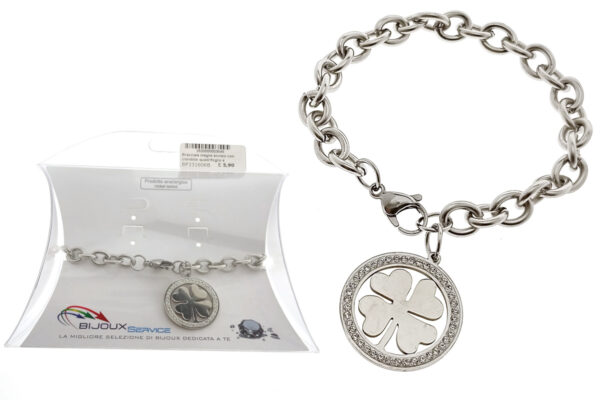 Bracciale maglia acciaio con ciondolo quadrifoglio e profilo strass