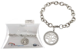 Bracciale maglia acciaio con ciondolo albero e profilo strass