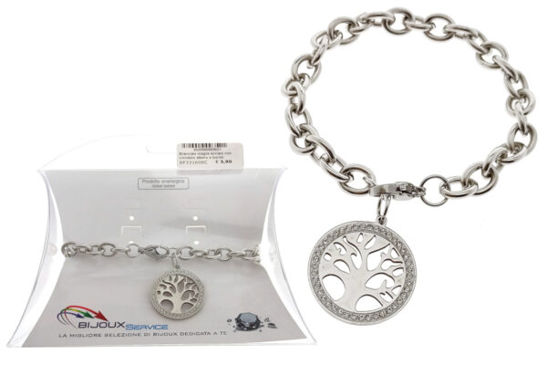 Bracciale maglia acciaio con ciondolo albero e profilo strass