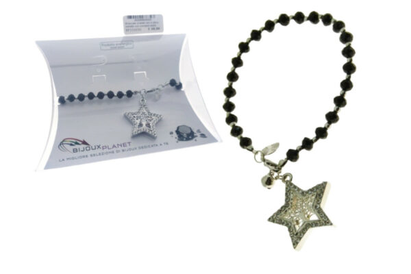 Bracciale cristalli neri e sfere metallo con ciondolo stella albero e stass