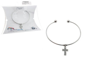 Bracciale rigido in acciaio con ciondolo croce strass