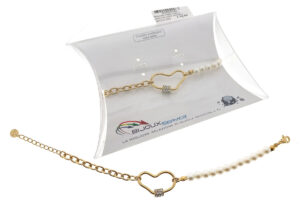 Bracciale maglia ovale e perle con cuore centrale e rondella strass - ACCIAIO 316L