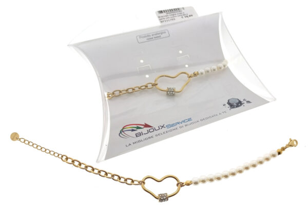 Bracciale maglia ovale e perle con cuore centrale e rondella strass - ACCIAIO 316L