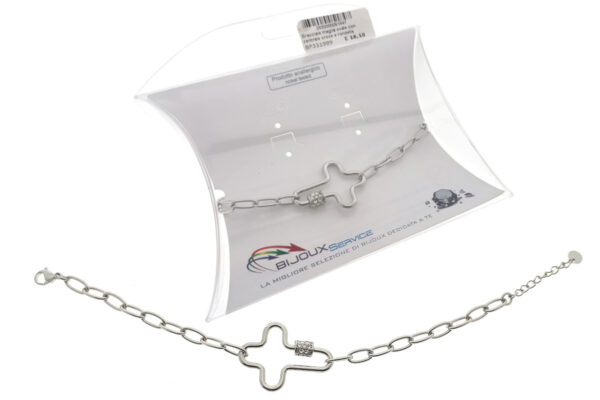 Bracciale maglia ovale con centrale croce e rondella strass - ACCIAIO 316L
