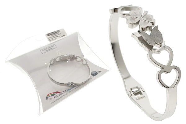 Bracciale acciaio e strass con cuori, farfalla e quadrifoglio autochiudente