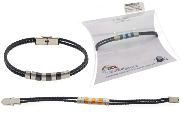 Bracciale uomo 2 fili maglia pelle intrecciata e passanti acciaio satinato bicolore