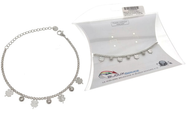 Bracciale tennis acciaio e cristalli con ciondoli strass e quadrifogli