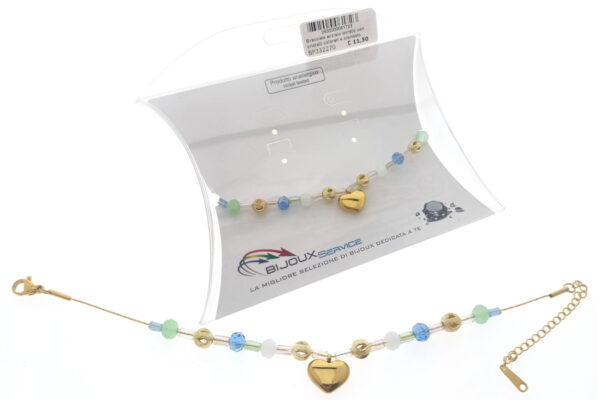 Bracciale acciaio dorato con cristalli colorati e ciondolo cuore