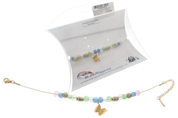 Bracciale acciaio dorato con cristalli colorati e ciondolo farfalla