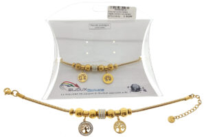 Bracciale acciaio dorato maglia tubolare con ciondoli e passanti