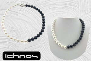 Collana bicolore con perle e pietre onice mm. 10 chiusura acciaio