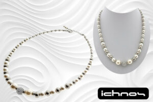 Collana degrad? perle e acciaio con sfera centrale zirconi da 10 mm.