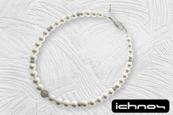 Collana perle mm. 10 con sfera zirconi, rondelle e chiusura acciaio