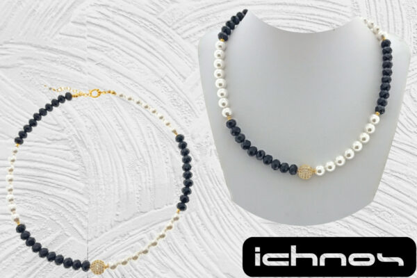 Collana perle e cristalli neri mm. 8 con sfera zirconi e chiusura acciaio dorate