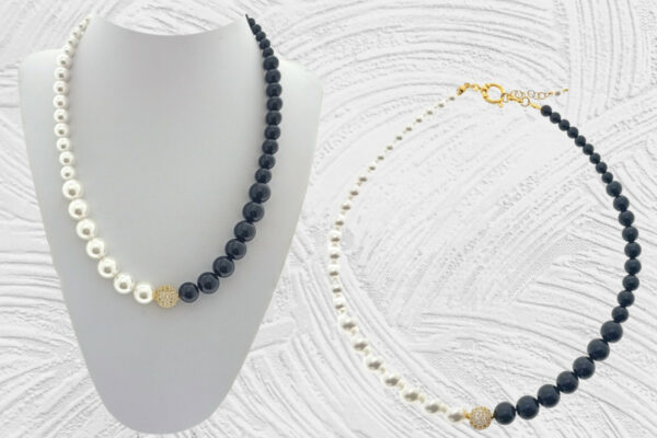 Collana degrad? perle e pietre onice con sfera zirconi e chiusura acciaio dorate