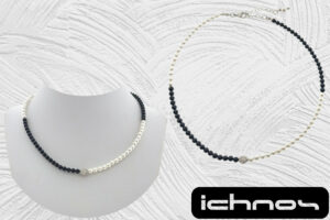 Collana bicolore con perle e pietre onice mm. 4, sfera zirconi e chiusura acciaio