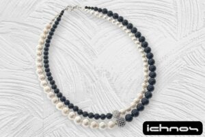 Collana 2 fili bicolore con perle e pietre onice, sfere zirconi e chiusura acciaio