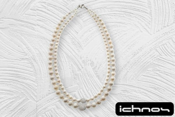Collana 2 fili perle, sfere zirconi e chiusura acciaio