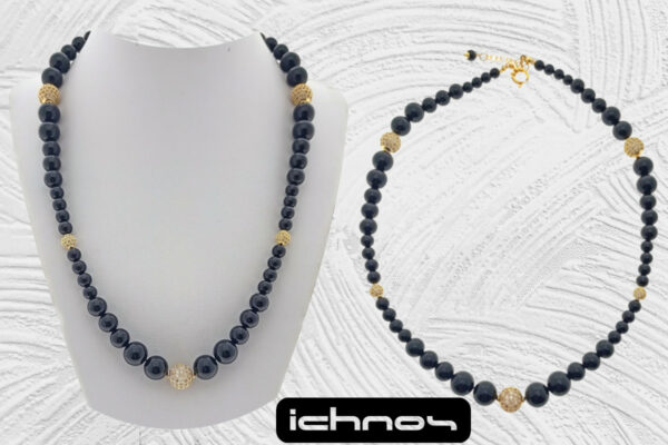 Collana onde degrad? in perle onice con sfere zirconi chiusura acciaio dorate