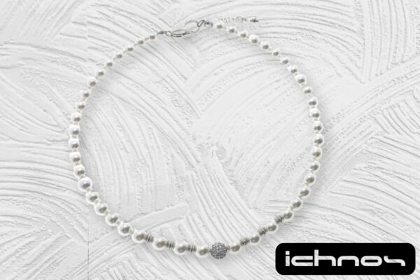 Collana perle mm. 8 con sfera zirconi, rondelle e chiusura acciaio
