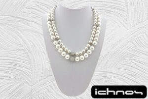 Collana 2 fili perle da 8 e 10 mm. con rondelle acciaio sfere zirconi