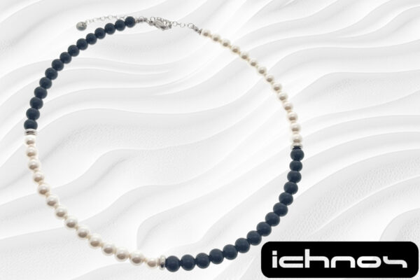 Collana bicolore perle e pietre onice mm. 6 con rondelle acciaio
