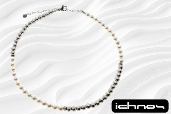 Collana bicolore perle e sfere acciaio mm. 6 con 3 rondelle