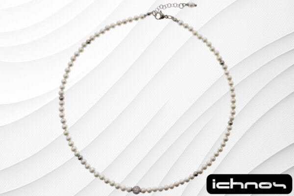 Collana perle mm. 4 con 6 sfere acciaio e pallina strass mm. 6