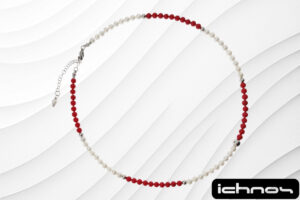 Collana perle biance e rosse mm. 4 con 7 sfere acciaio