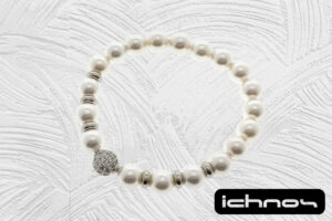 Bracciale perle elasticizzato mm. 8 con rondelle acciaio e sfera strass